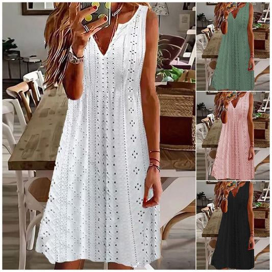 🧚‍♀️【50% de descuento 🔥】【S–5XL】😍 Vestido de verano plus size, sin mangas, cuello en V, jacquard transpirable