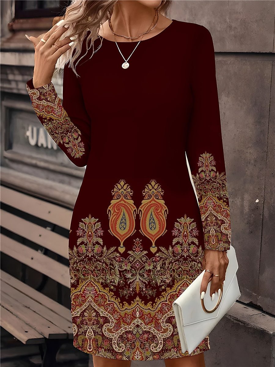 🔥🥰【S-5XL】Nova potiskana obleka z dolgimi rokavi in okroglim izrezom iz leta 2025