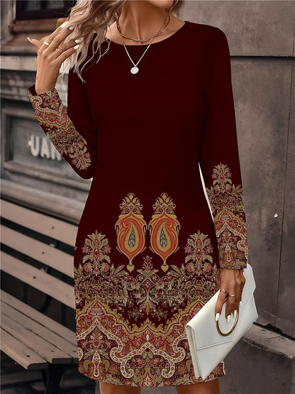 🔥🥰【S-5XL】Nova potiskana obleka z dolgimi rokavi in okroglim izrezom iz leta 2025