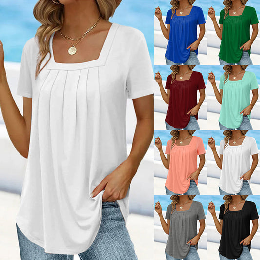 👚【CDescuento de temporada -49% 🔥】Camiseta amplia de mujer con escote cuadrado, tallas grandes, manga corta, 8 colores