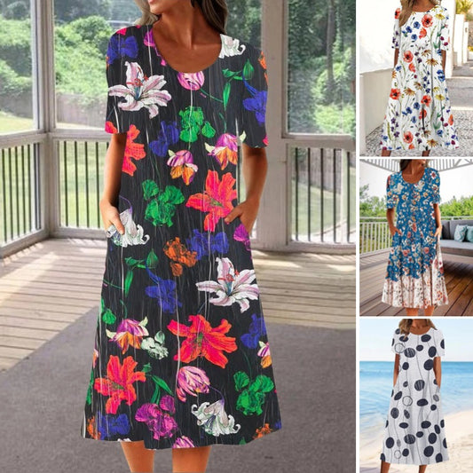 💐【 S-3XL】 Letné nové elegantné bavlnené šaty s okrúhlym výstrihom a potlačou vreciek