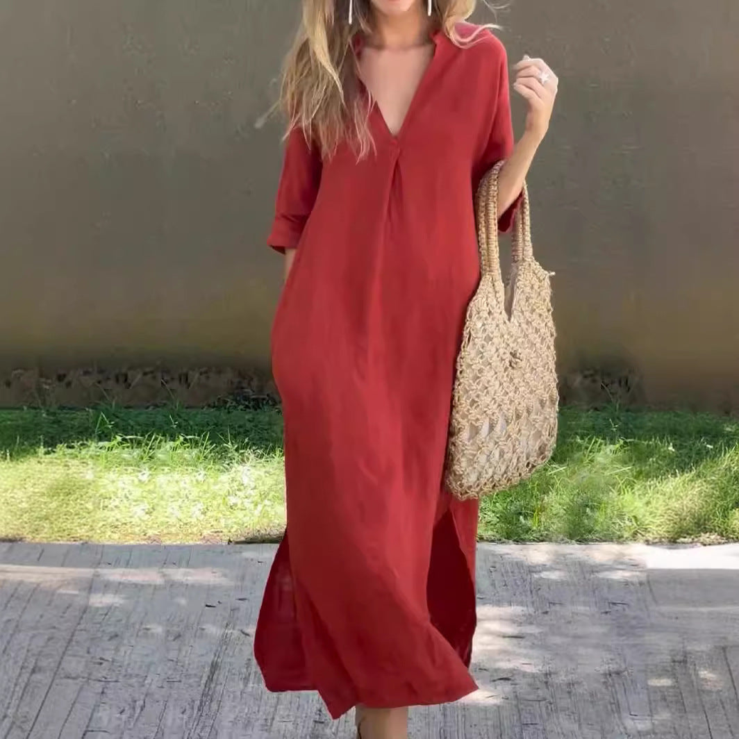 🌿💃【50% de descuento 🔥】【S–3XL】Vestido maxi de lino para verano, con cuello en V y aberturas laterales, cómodo