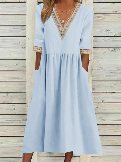 🌈👗【Reducere 50% 🔥】【40-90 kg】👑 Rochie midi de damă din bumbac și in, cu guler din dantelă, în mărimi mai mari