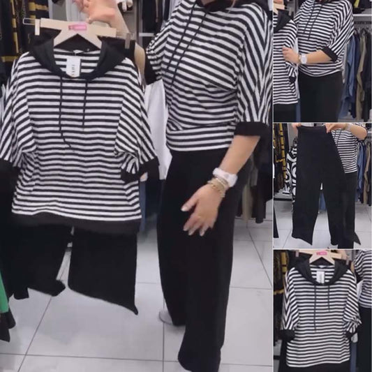 💥 LICHIDARE DE STOC -50% reducere💥 Set de top cu dungi și pantaloni uni pentru femei【XL-5XL】