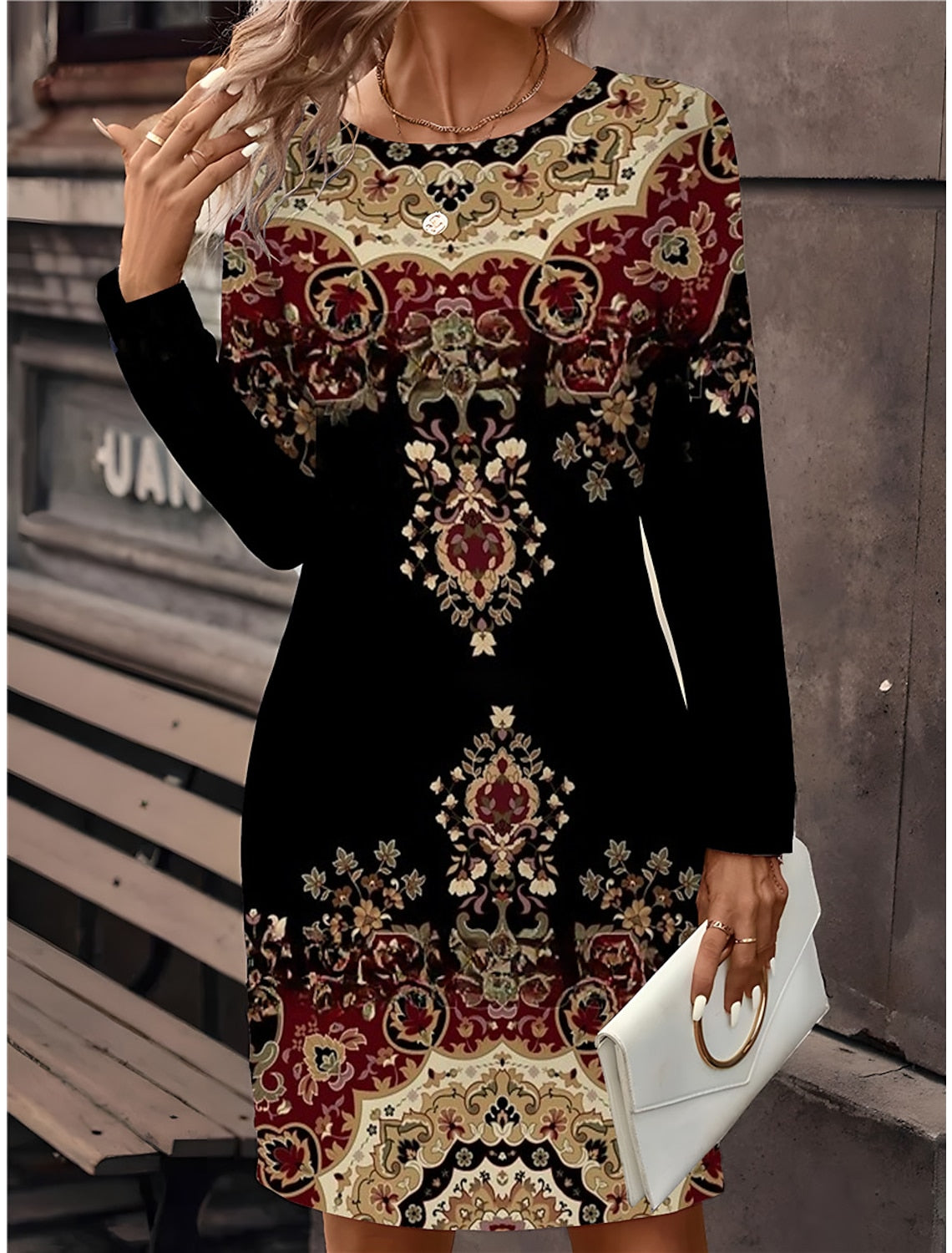 🔥🥰【S-5XL】Nova potiskana obleka z dolgimi rokavi in okroglim izrezom iz leta 2025