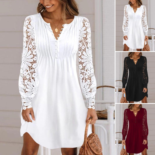 🔥【50% zľava】💃 [S~5XL] Nové módne pohodlné čipkované šaty s dlhým rukávom z roku 2025