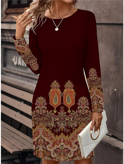 🔥🥰【S-5XL】Nova potiskana obleka z dolgimi rokavi in okroglim izrezom iz leta 2025