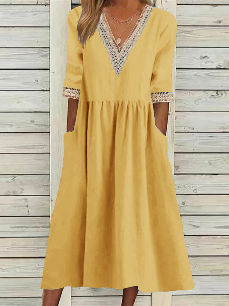 🌈👗【Reducere 50% 🔥】【40-90 kg】👑 Rochie midi de damă din bumbac și in, cu guler din dantelă, în mărimi mai mari