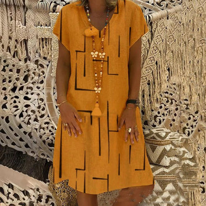 🌲😍【Compra 1 y llévate 1 gratis 🔥🔥】Nuevo vestido de algodón y lino con cuello en V y estampado – Oferta de fin de temporada