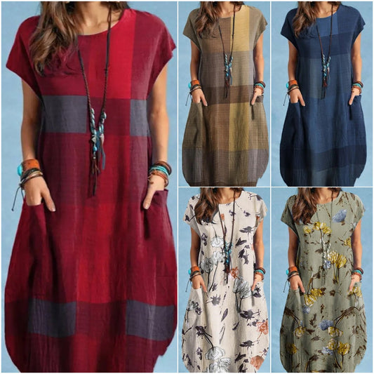 💥  【LICHIDARE DE STOC】  💥👗【S-5XL】Rochie din bumbac imprimată cu gât rotund