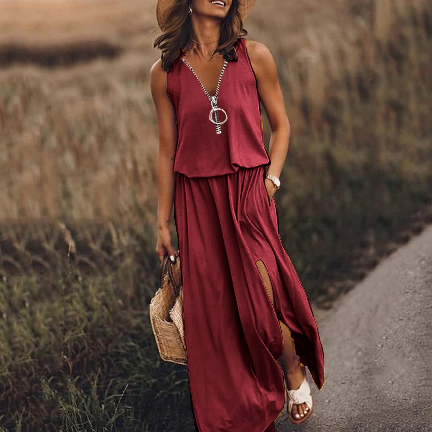 🎁💃【Zľava 50 % 💥】【S–5XL】Nové dlhé ležérne šaty bez rukávov s potlačou, priliehavým strihom a zipsom