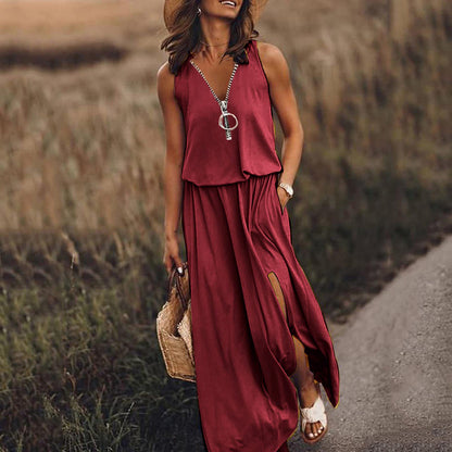 🎁💃【Zľava 50 % 💥】【S–5XL】Nové dlhé ležérne šaty bez rukávov s potlačou, priliehavým strihom a zipsom