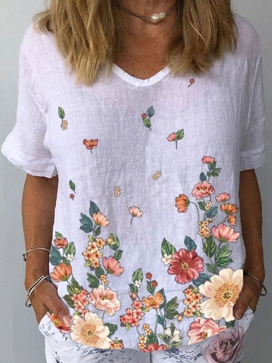 【Kúpte 1 a získajte 1 zadarmo】【S-5XL】🌈 Bavlnené a ľanové tričko s krátkym rukávom s kvetinovou potlačou💐