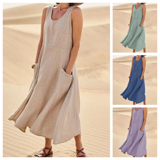【S-5XL】2023 Rochie de vară , fără mâneci, cu gât rotund, din bumbac（6 culori）