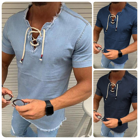 🤠【S–4XL✨】👔 Camiseta corta de hombre con cordones, de mezclilla elástica, en tallas grandes