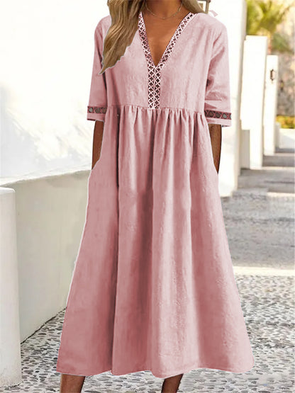 👗【–50% de descuento 🔥】😍 Vestido nuevo con encaje, cuello en V y mangas cortas