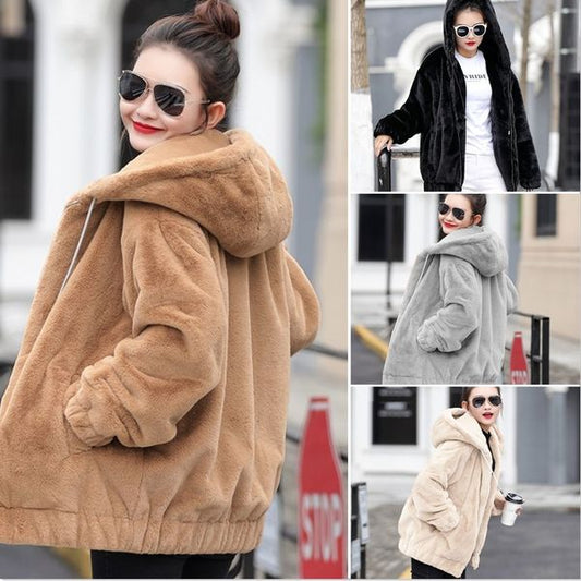 🎁🐏【M-4XL】Chaqueta con capucha de peluche para mujer, nueva de invierno, con forro cálido y grueso