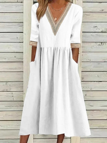 🌈👗【Reducere 50% 🔥】【40-90 kg】👑 Rochie midi de damă din bumbac și in, cu guler din dantelă, în mărimi mai mari