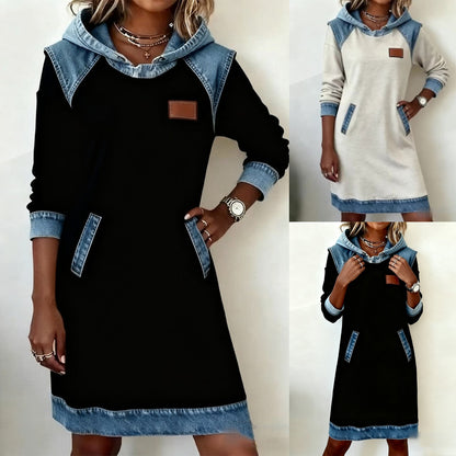 🔥【Novedades de invierno】🌷🌞Nuevo vestido vaquero patchwork de invierno con capucha