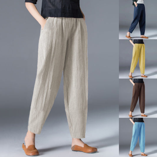 🌿🌿【Kúp 1, získaj 1 zdarma 🔥】【S–5XL】Dámske voľné široké nohavice z bavlny a ľanu vo veľkých veľkostiach