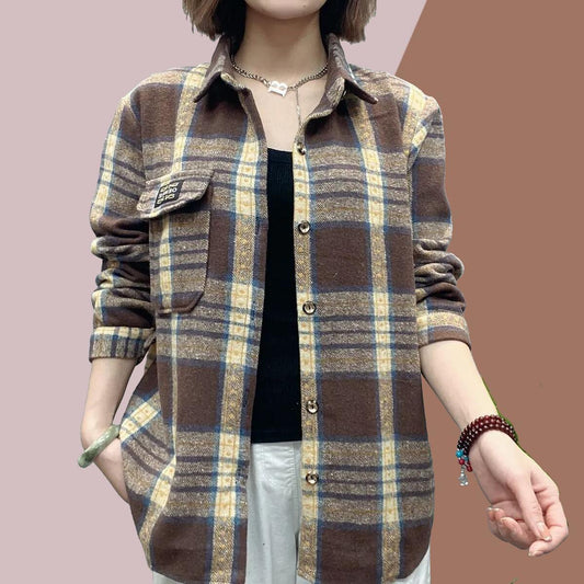 🐏Nueva oferta -39%🔥【XL-5XL】Camisa de mujer a cuadros de mezcla de lana, forrada, de tallas grandes con manga larga