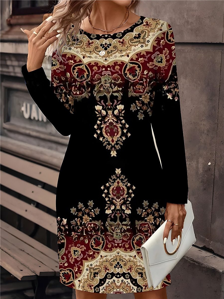 🔥🥰【S-5XL】Nova potiskana obleka z dolgimi rokavi in okroglim izrezom iz leta 2025