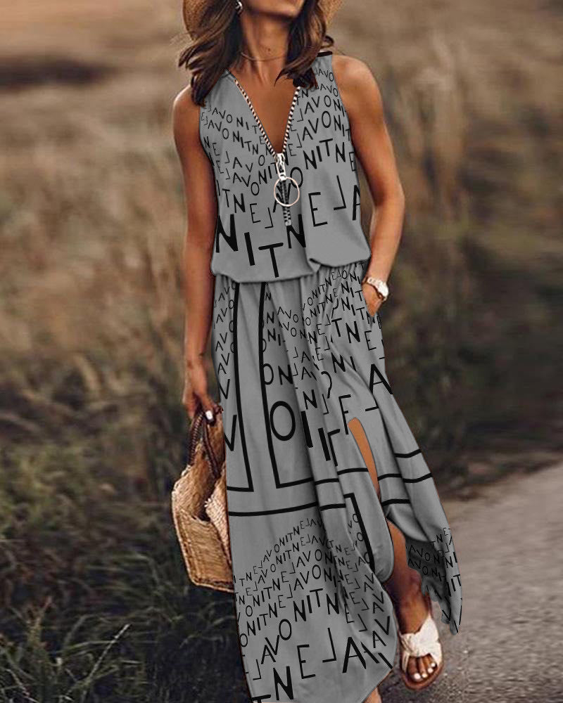 🎁💃【Zľava 50 % 💥】【S–5XL】Nové dlhé ležérne šaty bez rukávov s potlačou, priliehavým strihom a zipsom