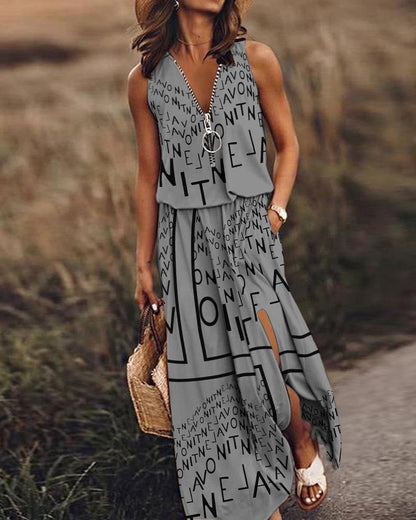 🎁💃【Zľava 50 % 💥】【S–5XL】Nové dlhé ležérne šaty bez rukávov s potlačou, priliehavým strihom a zipsom