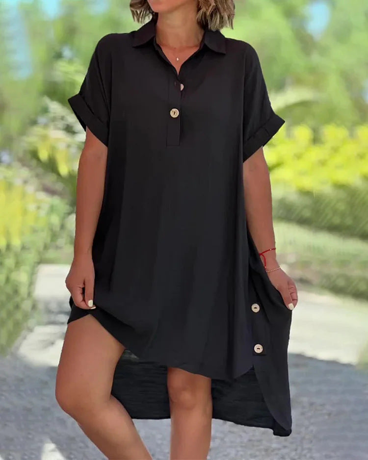 🧡🧡【S–5XL】Dámske jednofarebné dlhé šaty s golierom, gombíkmi a asymetrickým strihom