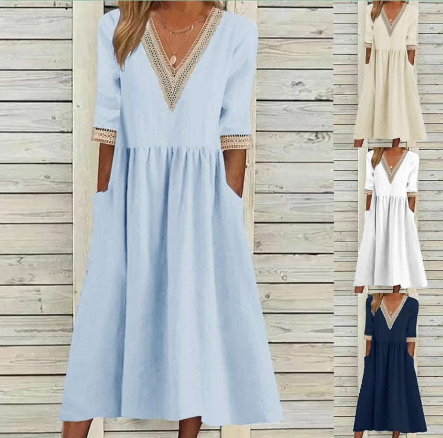 🌈👗【Reducere 50% 🔥】【40-90 kg】👑 Rochie midi de damă din bumbac și in, cu guler din dantelă, în mărimi mai mari
