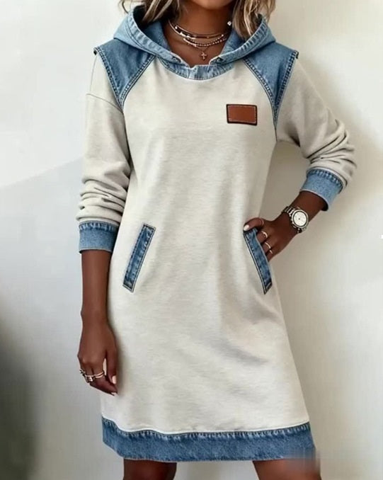 🔥【Novedades de invierno】🌷🌞Nuevo vestido vaquero patchwork de invierno con capucha