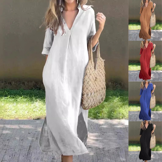 🌿💃【50% de descuento 🔥】【S–3XL】Vestido maxi de lino para verano, con cuello en V y aberturas laterales, cómodo