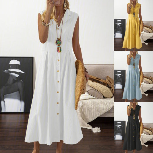 🎀💃【50% de descuento 💥】【S–3XL】Vestido de algodón y lino para mujer plus size, con cuello tipo blazer y botones, ligero y transpirable