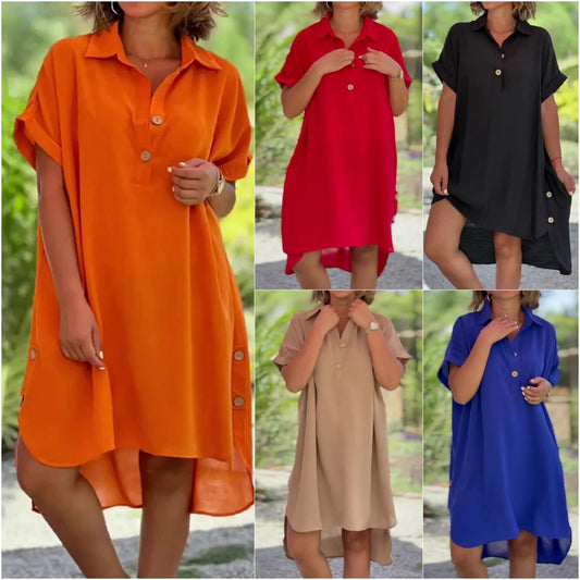🧡🧡【S–5XL】Dámske jednofarebné dlhé šaty s golierom, gombíkmi a asymetrickým strihom
