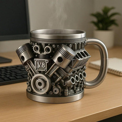 🎁☕【50% de descuento🔥】Kreatív V6/V8 motoros rozsdamentes acél kávés bögre