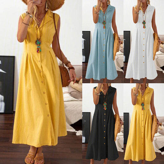 🎀💃【50% de descuento 💥】【S–3XL】Vestido de algodón y lino para mujer plus size, con cuello tipo blazer y botones, ligero y transpirable