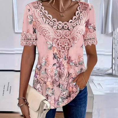 💥【Descuento por nuevo producto -50%】💐 Blusa con encaje estampado y escote en V para mujer