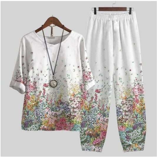 😍【S-5XL】Set damă 2 piese 2025 ✨ Top + pantaloni cu imprimeu din bumbac 100% 👚👖 Confort și calitate înaltă 💯🌿