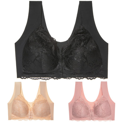 ✨【Compra 2 y llévate 1 gratis】【3 piezas】Sujetador grande con cierre frontal, sin aros, con bonito diseño en la espalda