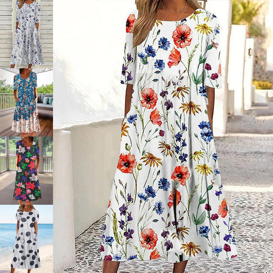 🌸👗【S-3XL】Rochie Casual de Vară 2025 cu Gât Rotund și Imprimeu Modern 🌞 Lejeră & Confortabilă pentru Zile Călduroase