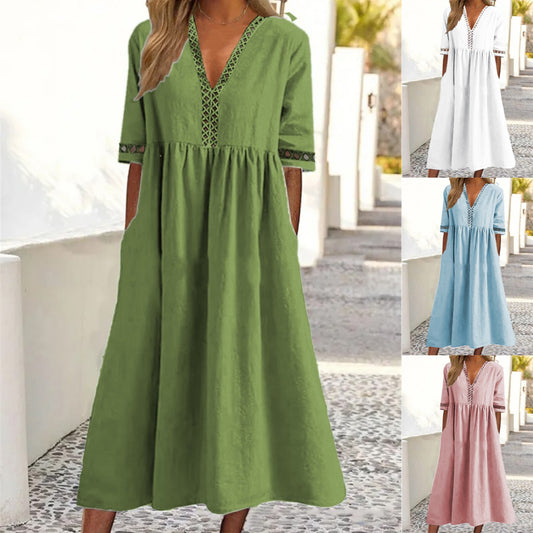 👗【–50% de descuento 🔥】😍 Vestido nuevo con encaje, cuello en V y mangas cortas