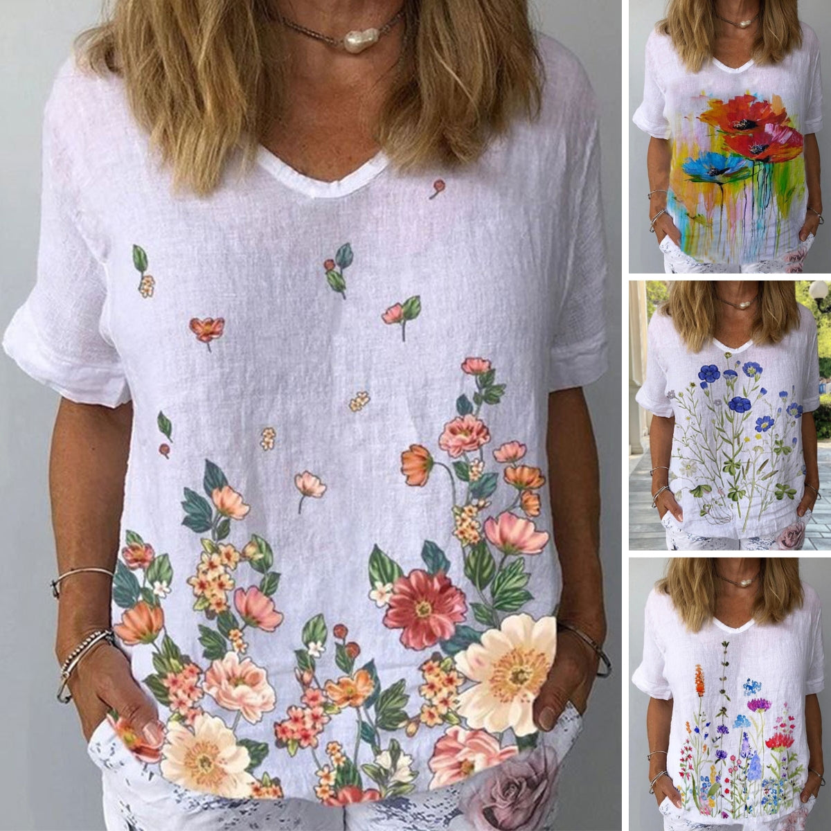 【Kúpte 1 a získajte 1 zadarmo】【S-5XL】🌈 Bavlnené a ľanové tričko s krátkym rukávom s kvetinovou potlačou💐