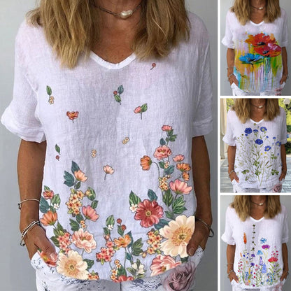 【Kúpte 1 a získajte 1 zadarmo】【S-5XL】🌈 Bavlnené a ľanové tričko s krátkym rukávom s kvetinovou potlačou💐
