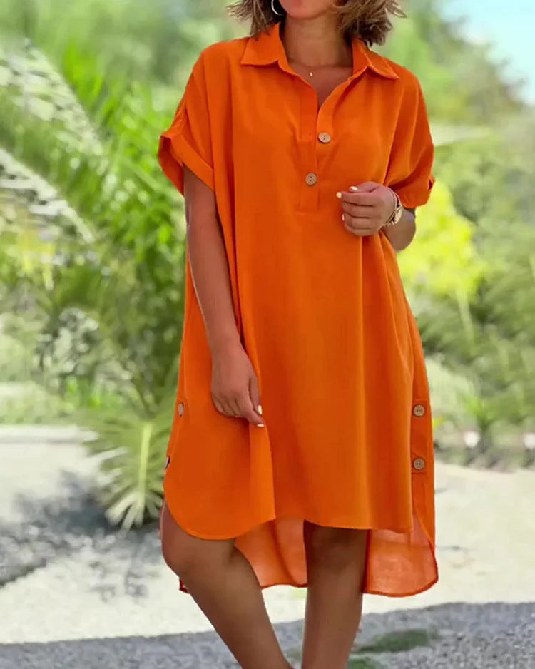 🧡🧡【S–5XL】Dámske jednofarebné dlhé šaty s golierom, gombíkmi a asymetrickým strihom