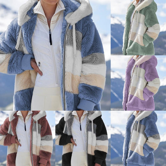☃️Descuento limitado 35%❄️[S-5XL] Chaqueta de mujer 2025 con franjas de peluche grueso en contraste