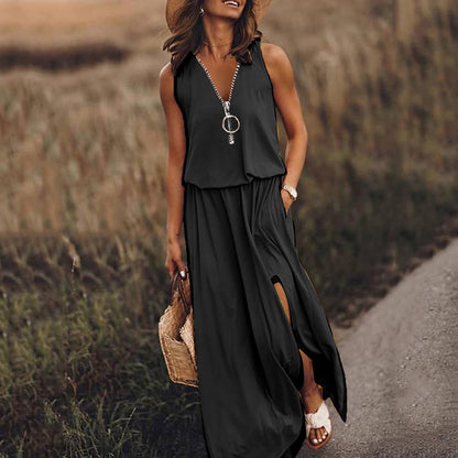 🎁💃【Zľava 50 % 💥】【S–5XL】Nové dlhé ležérne šaty bez rukávov s potlačou, priliehavým strihom a zipsom