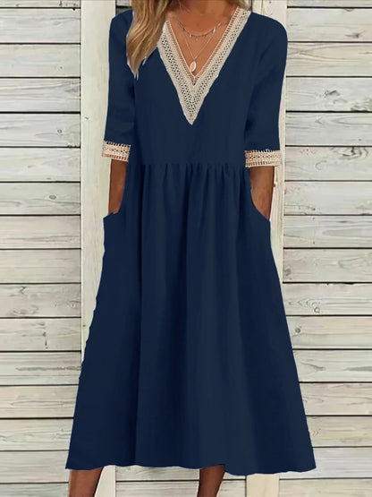 🌈👗【Reducere 50% 🔥】【40-90 kg】👑 Rochie midi de damă din bumbac și in, cu guler din dantelă, în mărimi mai mari
