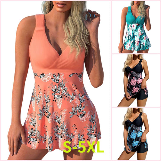 🌴🏖️🌈【50% de descuento 🔥】 Conjunto de baño para mujer plus size con estampado, espalda descubierta y secado rápido