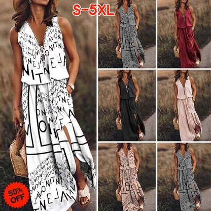 🎁💃【Zľava 50 % 💥】【S–5XL】Nové dlhé ležérne šaty bez rukávov s potlačou, priliehavým strihom a zipsom