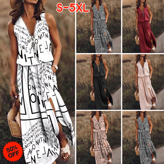 🎁💃【Zľava 50 % 💥】【S–5XL】Nové dlhé ležérne šaty bez rukávov s potlačou, priliehavým strihom a zipsom